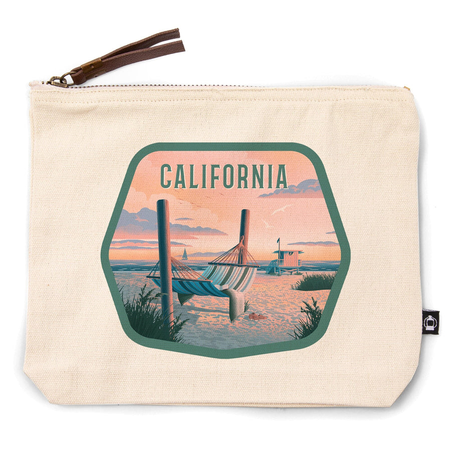 California, Lithograph, Salt Air, No Cares, Hammock on Beach,, Organic Cotton Zipper Pouch, Go Bag Totes Lantern Press 