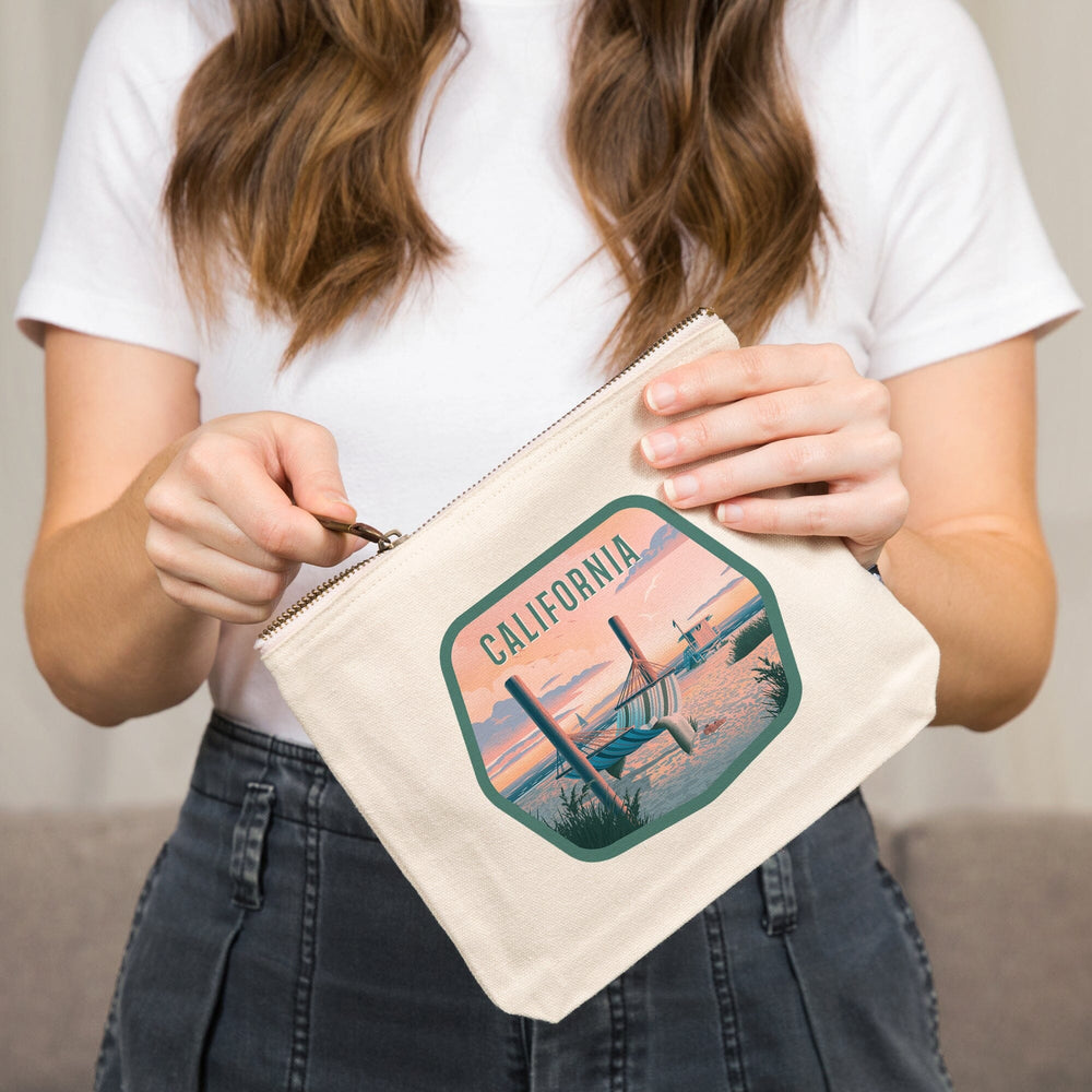 California, Lithograph, Salt Air, No Cares, Hammock on Beach,, Organic Cotton Zipper Pouch, Go Bag Totes Lantern Press 