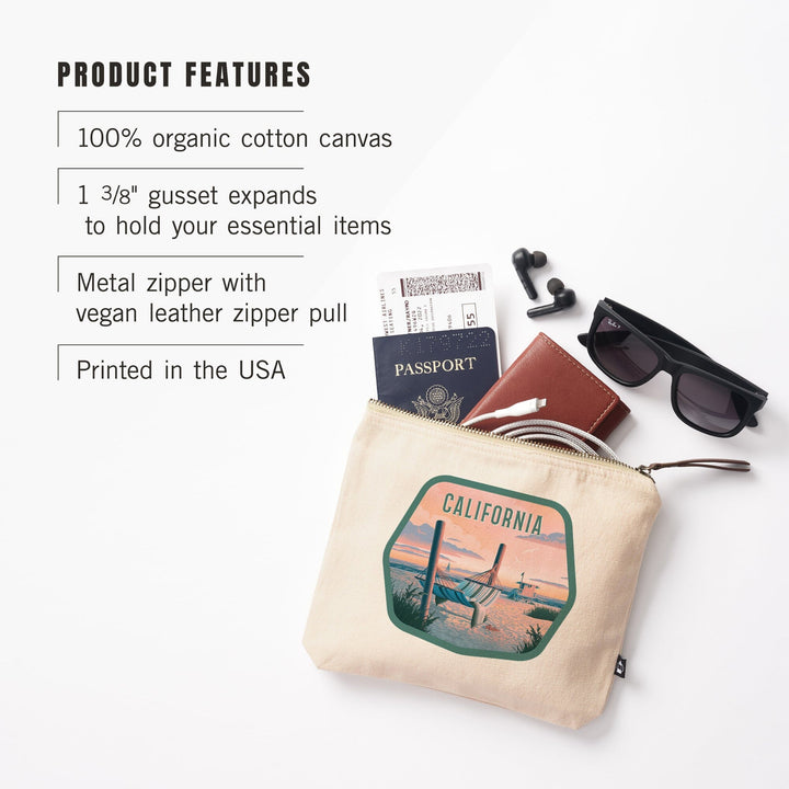 California, Lithograph, Salt Air, No Cares, Hammock on Beach,, Organic Cotton Zipper Pouch, Go Bag Totes Lantern Press 