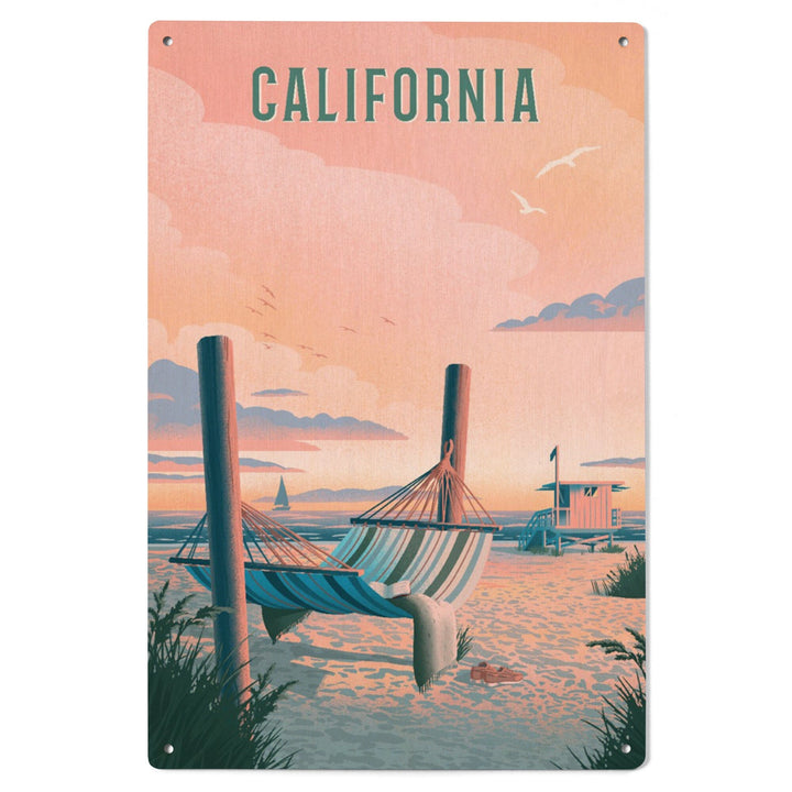 California, Lithograph, Salt Air, No Cares, Hammock on Beach, Wood Signs and Postcards Wood Lantern Press 