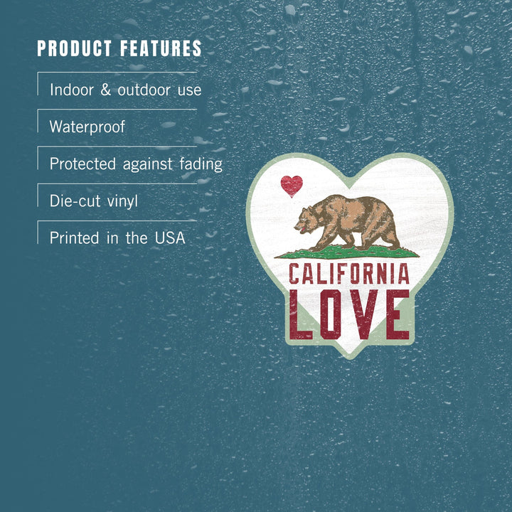 California Love, State Flag with Heart, Contour, Vinyl Sticker Sticker Lantern Press 