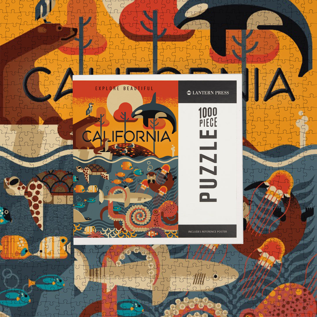 California, Marine Animals, Geometric, Jigsaw Puzzle Puzzle Lantern Press 