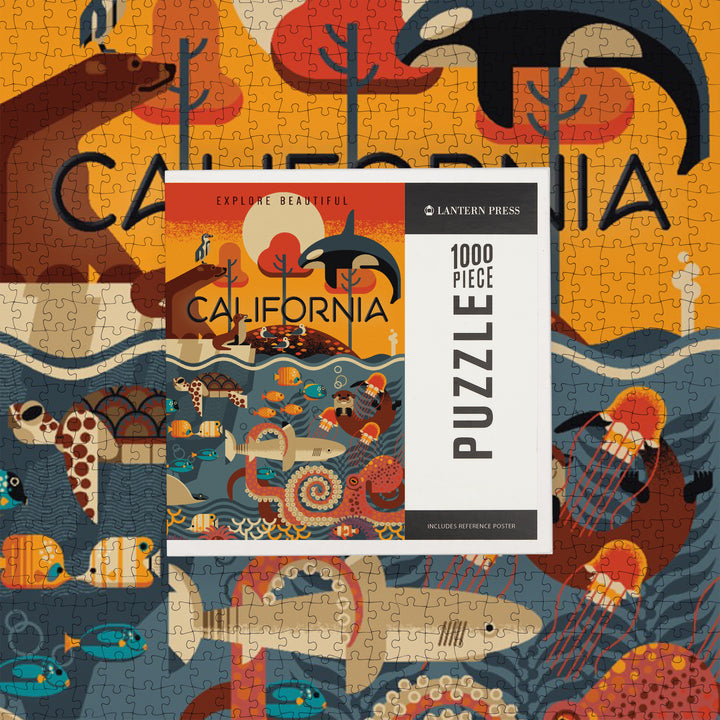 California, Marine Animals, Geometric, Jigsaw Puzzle Puzzle Lantern Press 