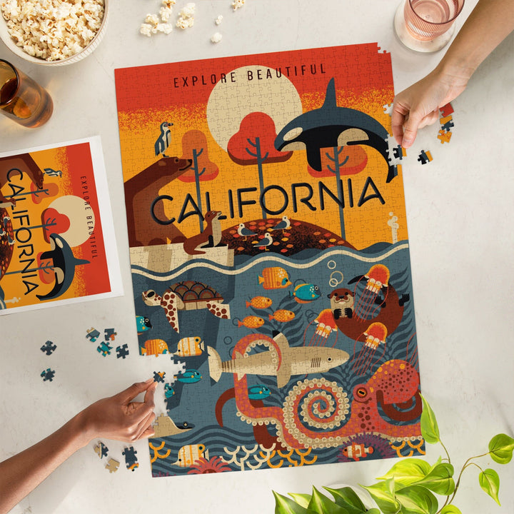 California, Marine Animals, Geometric, Jigsaw Puzzle Puzzle Lantern Press 