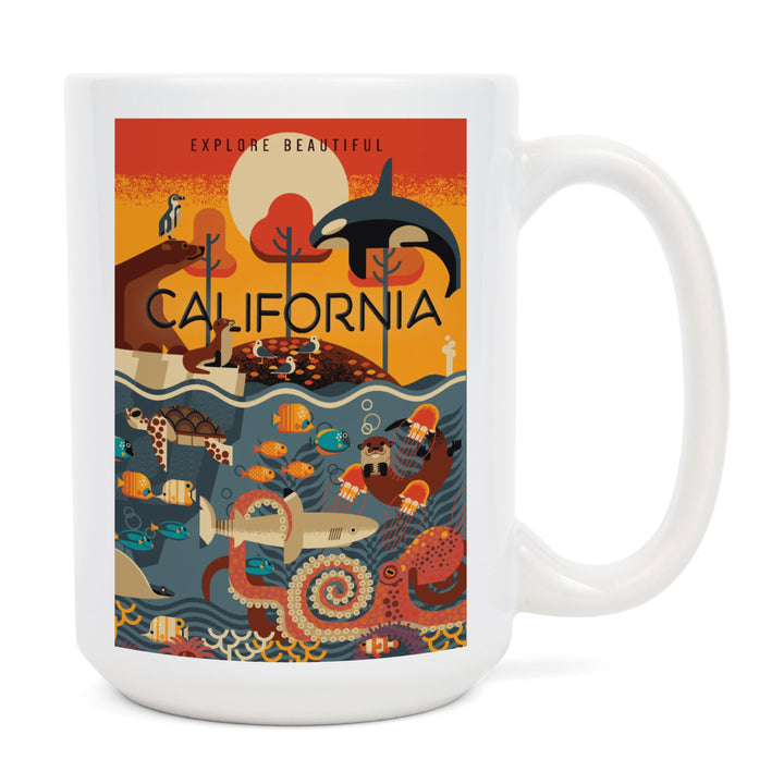 California, Marine Animals, Geometric, Lantern Press Artwork, Ceramic Mug Mugs Lantern Press 