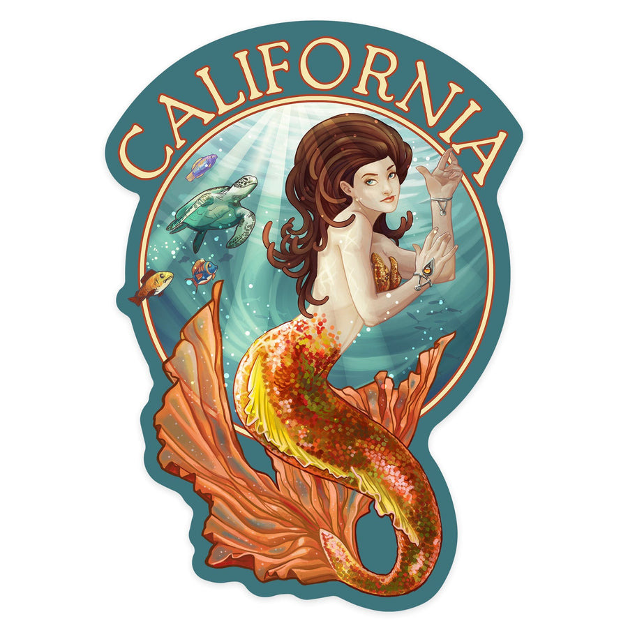 California, Mermaid, Contour, Lantern Press Artwork, Vinyl Sticker Sticker Lantern Press 