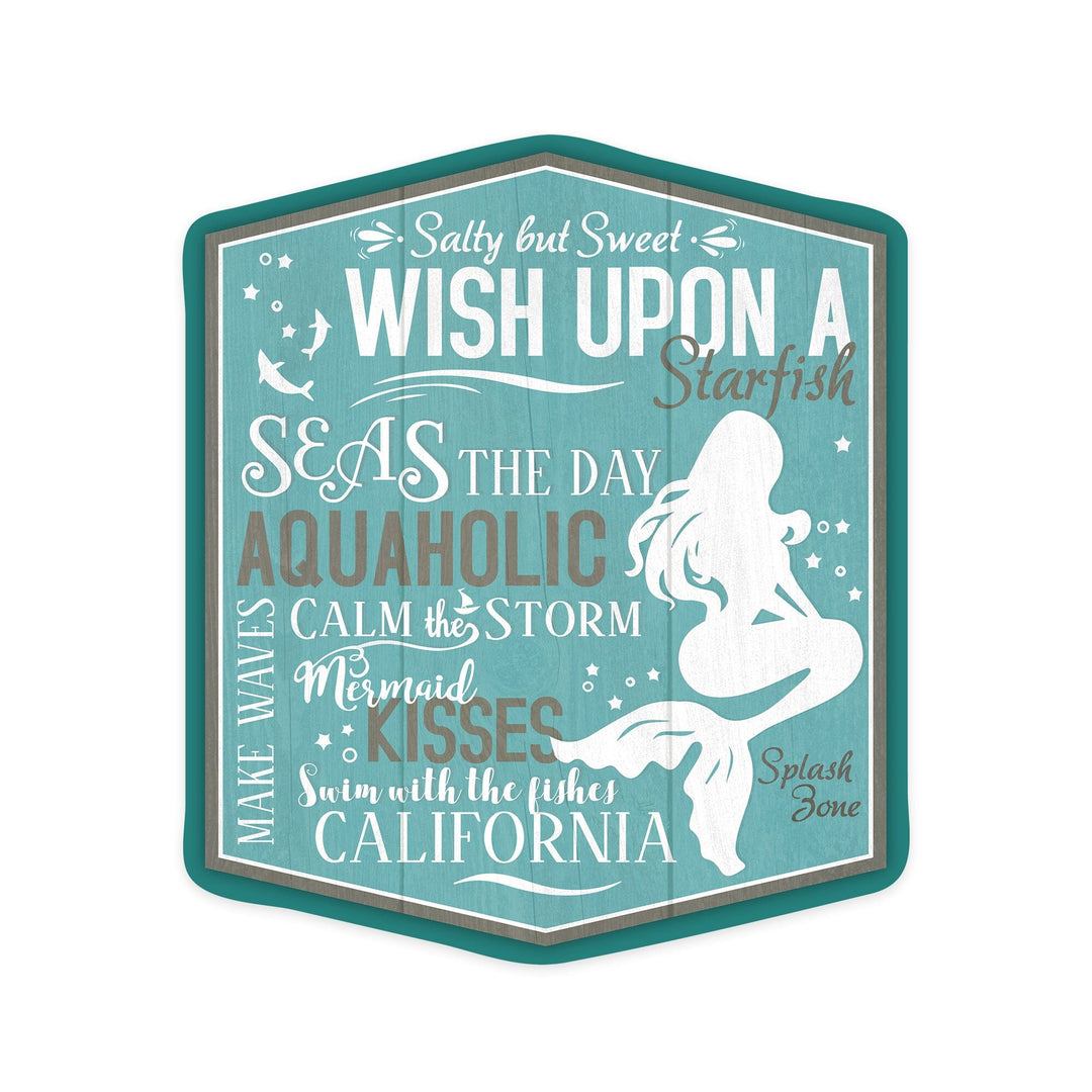 California, Mermaid Typography, Contour, Vinyl Sticker - Lantern Press