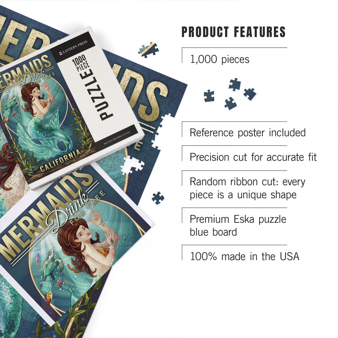 California, Mermaids Drink for Free (top), Jigsaw Puzzle Puzzle Lantern Press 