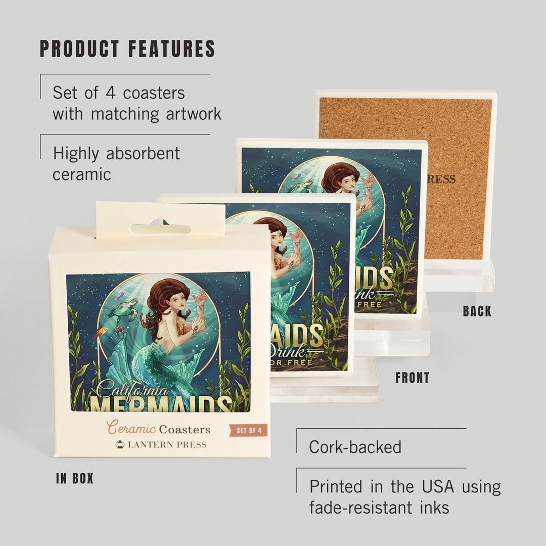 California, Mermaids Drink for Free (top), Lantern Press Artwork, Coaster Set - Lantern Press