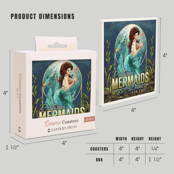 California, Mermaids Drink for Free (top), Lantern Press Artwork, Coaster Set - Lantern Press