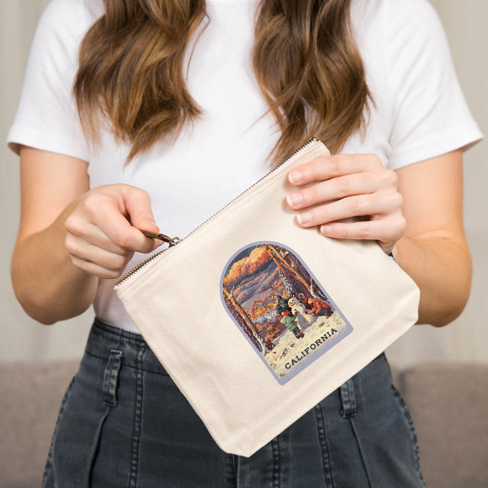 California, Merry and Bright, Vintage Snowman,, Organic Cotton Zipper Pouch, Go Bag Totes Lantern Press 