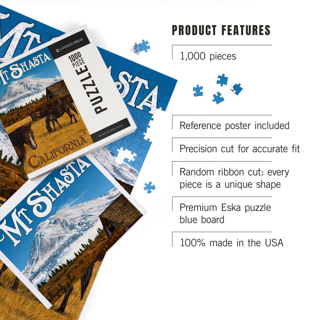 California, Mount Shasta and Horses, Jigsaw Puzzle Puzzle Lantern Press 