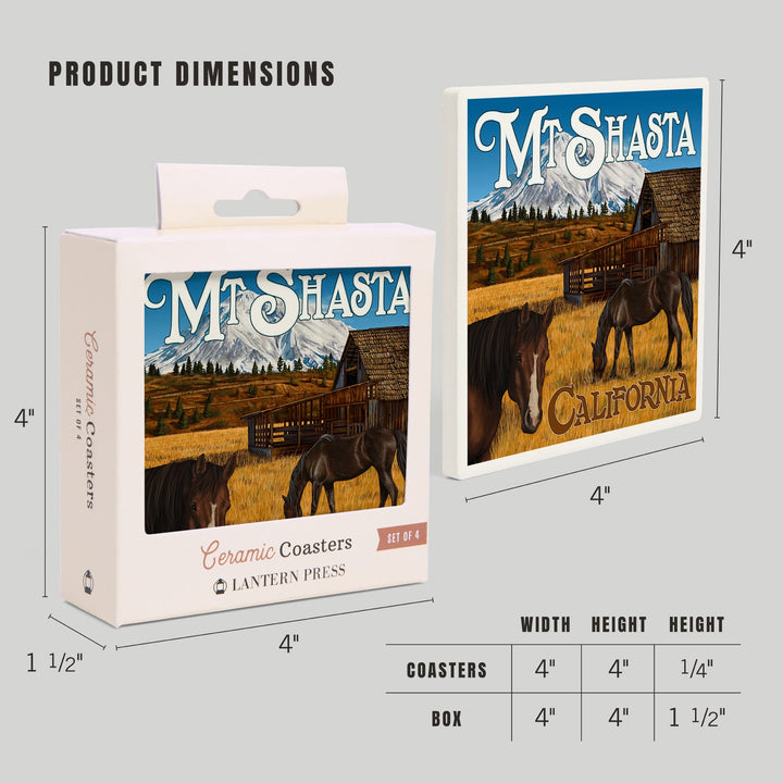 California, Mount Shasta and Horses, Lantern Press Artwork, Coaster Set - Lantern Press