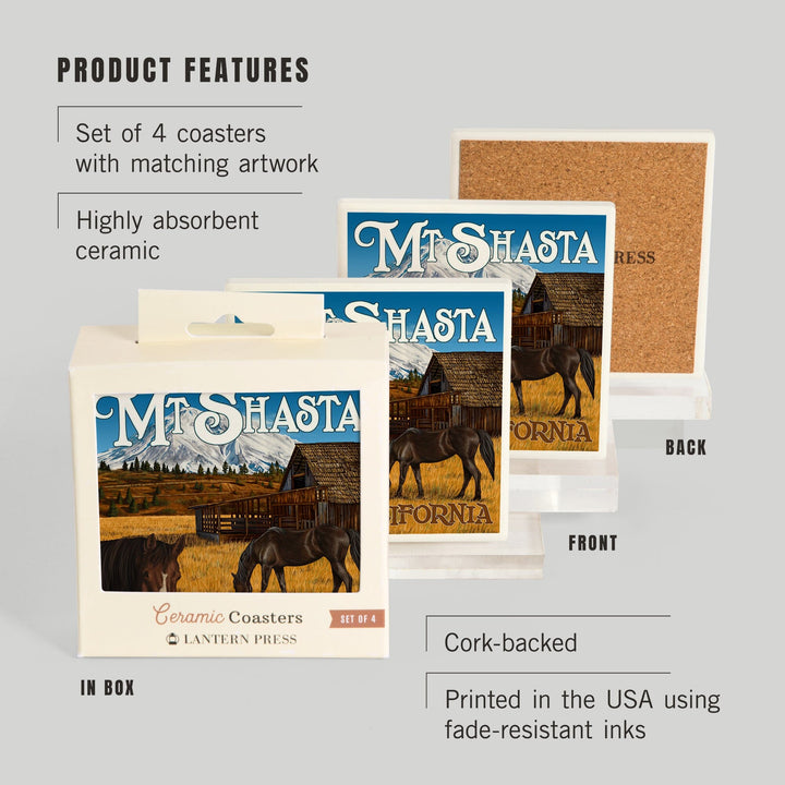 California, Mount Shasta and Horses, Lantern Press Artwork, Coaster Set - Lantern Press