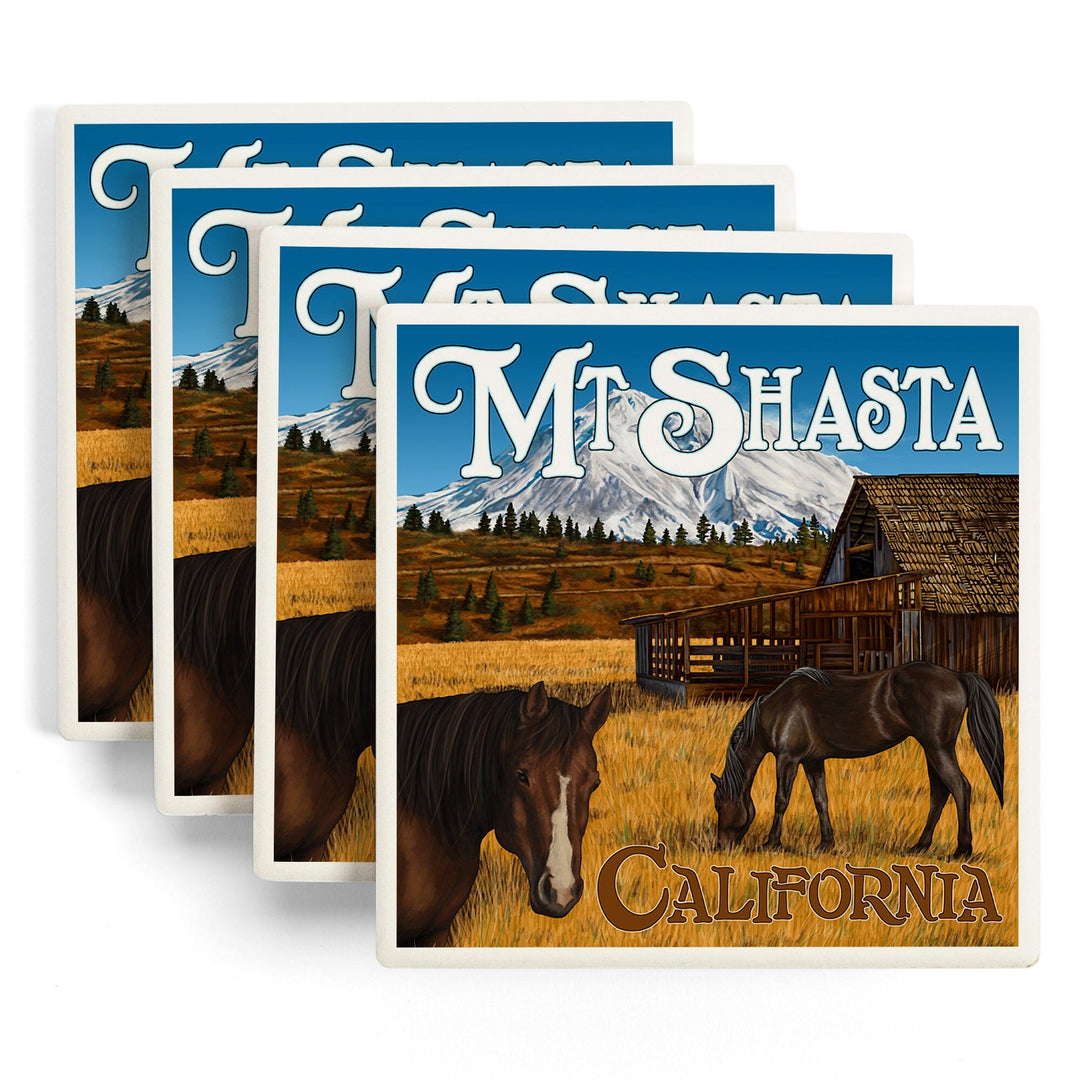 California, Mount Shasta and Horses, Lantern Press Artwork, Coaster Set - Lantern Press