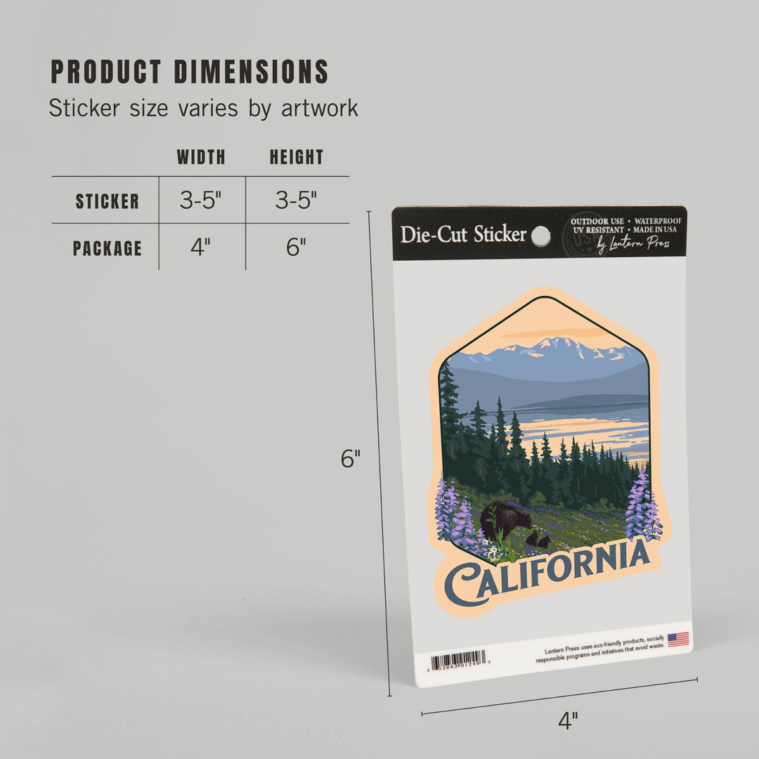 California, Painterly, Bear and Spring Flowers, Contour, Vinyl Sticker Sticker Lantern Press 