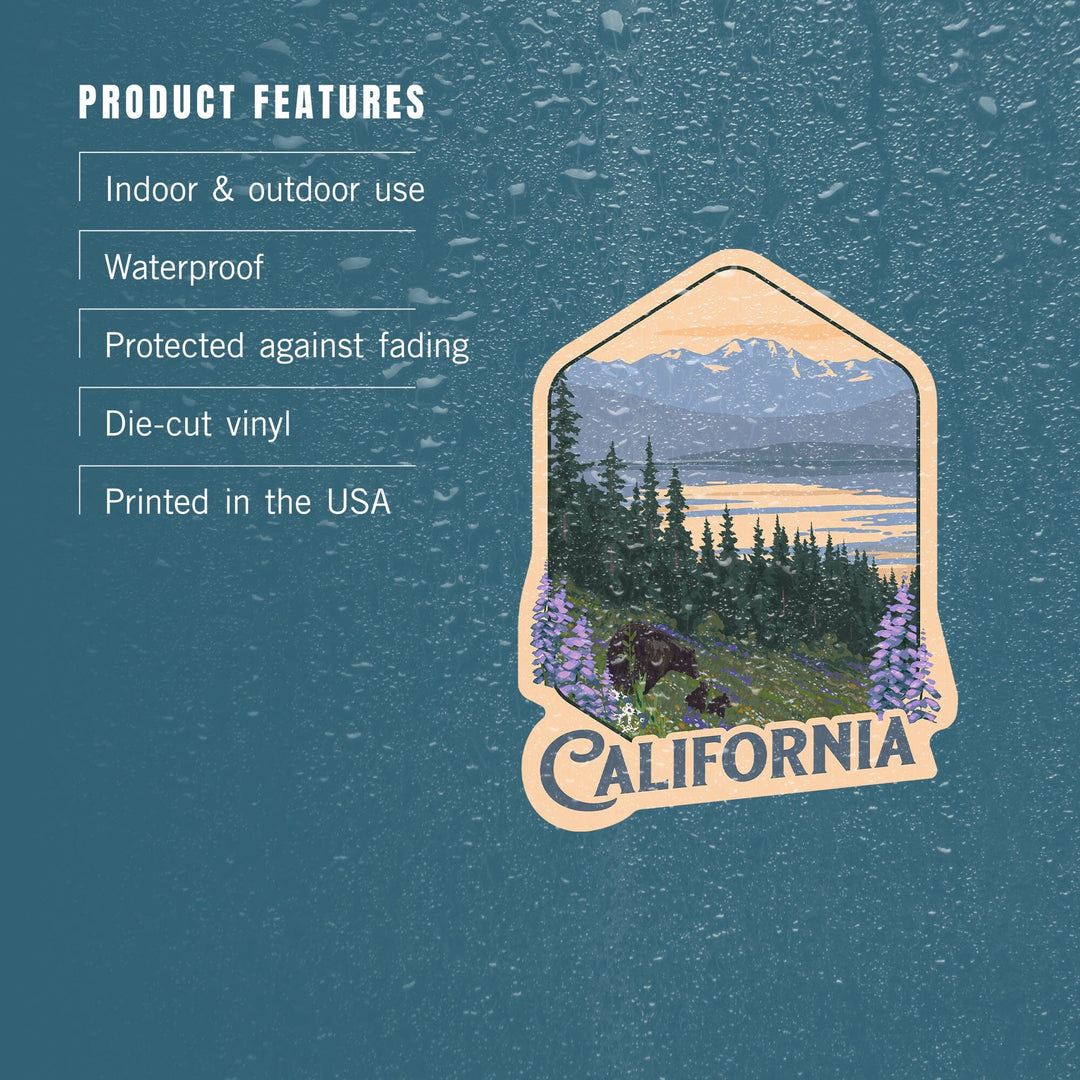 California, Painterly, Bear and Spring Flowers, Contour, Vinyl Sticker Sticker Lantern Press 
