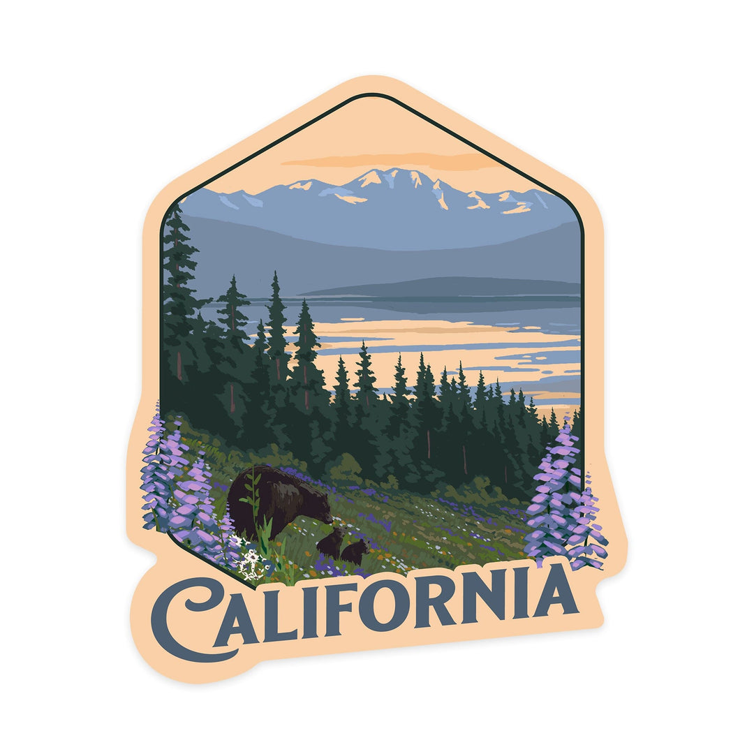 California, Painterly, Bear and Spring Flowers, Contour, Vinyl Sticker Sticker Lantern Press 