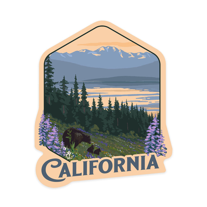 California, Painterly, Bear and Spring Flowers, Contour, Vinyl Sticker Sticker Lantern Press 