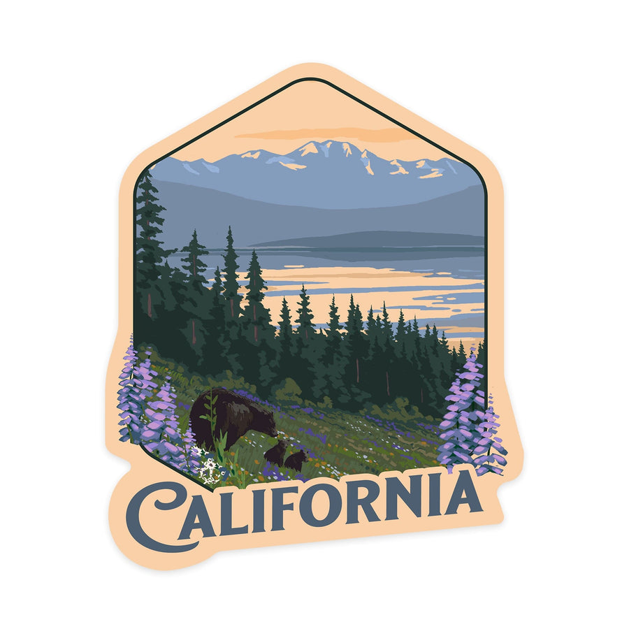 California, Painterly, Bear and Spring Flowers, Contour, Vinyl Sticker Sticker Lantern Press 