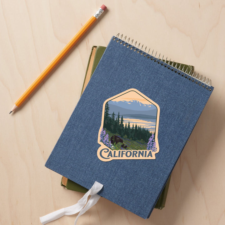 California, Painterly, Bear and Spring Flowers, Contour, Vinyl Sticker Sticker Lantern Press 