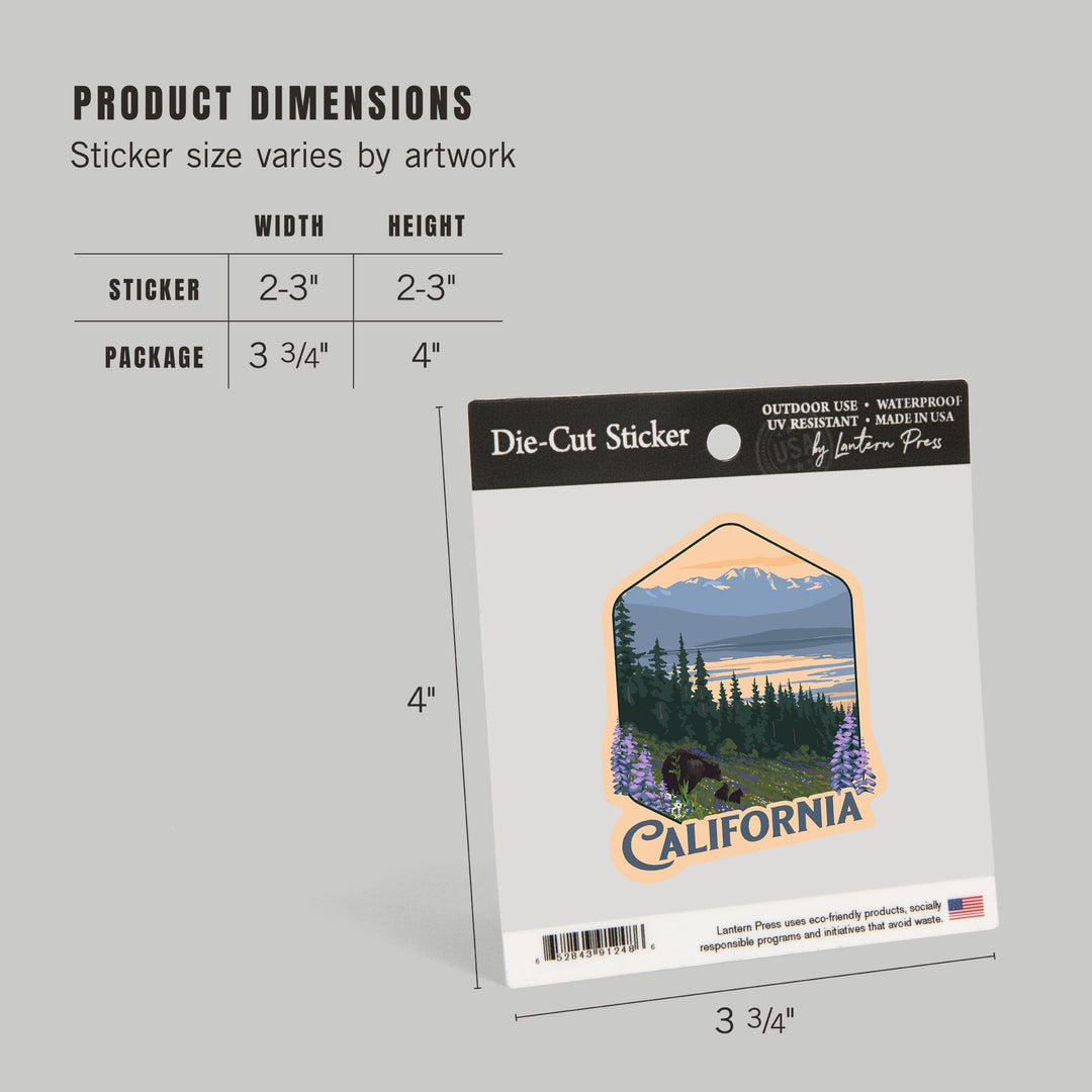 California, Painterly, Bear and Spring Flowers, Contour, Vinyl Sticker Sticker Lantern Press 