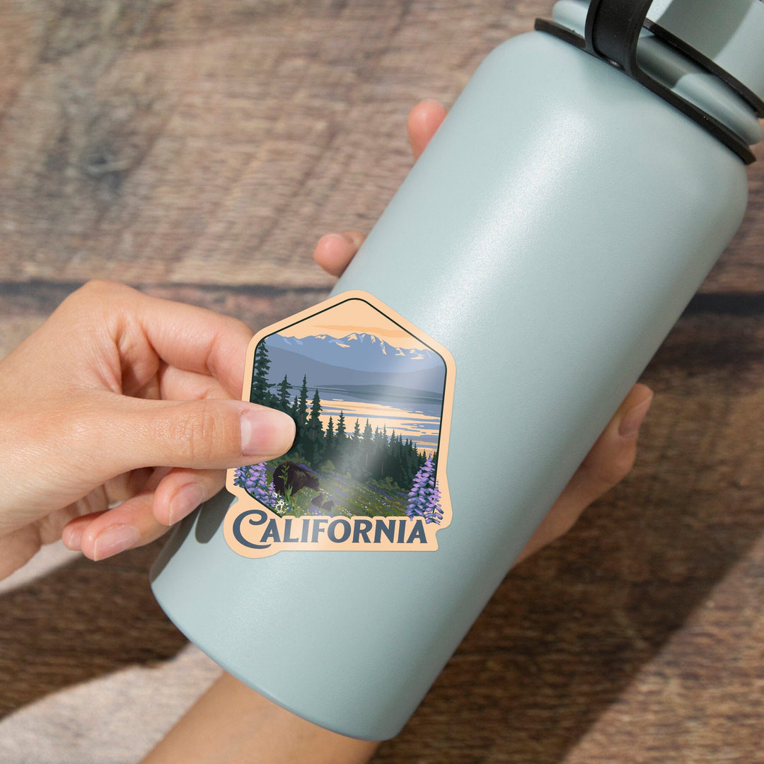 California, Painterly, Bear and Spring Flowers, Contour, Vinyl Sticker Sticker Lantern Press 