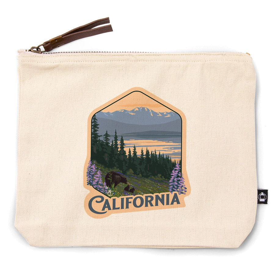California, Painterly, Bear and Spring Flowers,, Organic Cotton Zipper Pouch, Go Bag Totes Lantern Press 