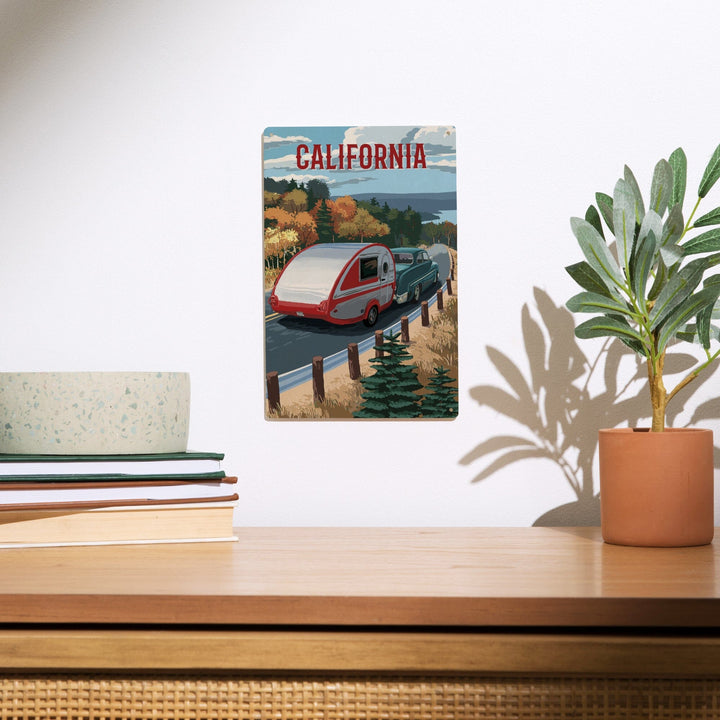 California, Painterly, Retro Camper on Road, Wood Signs and Postcards Wood Lantern Press 