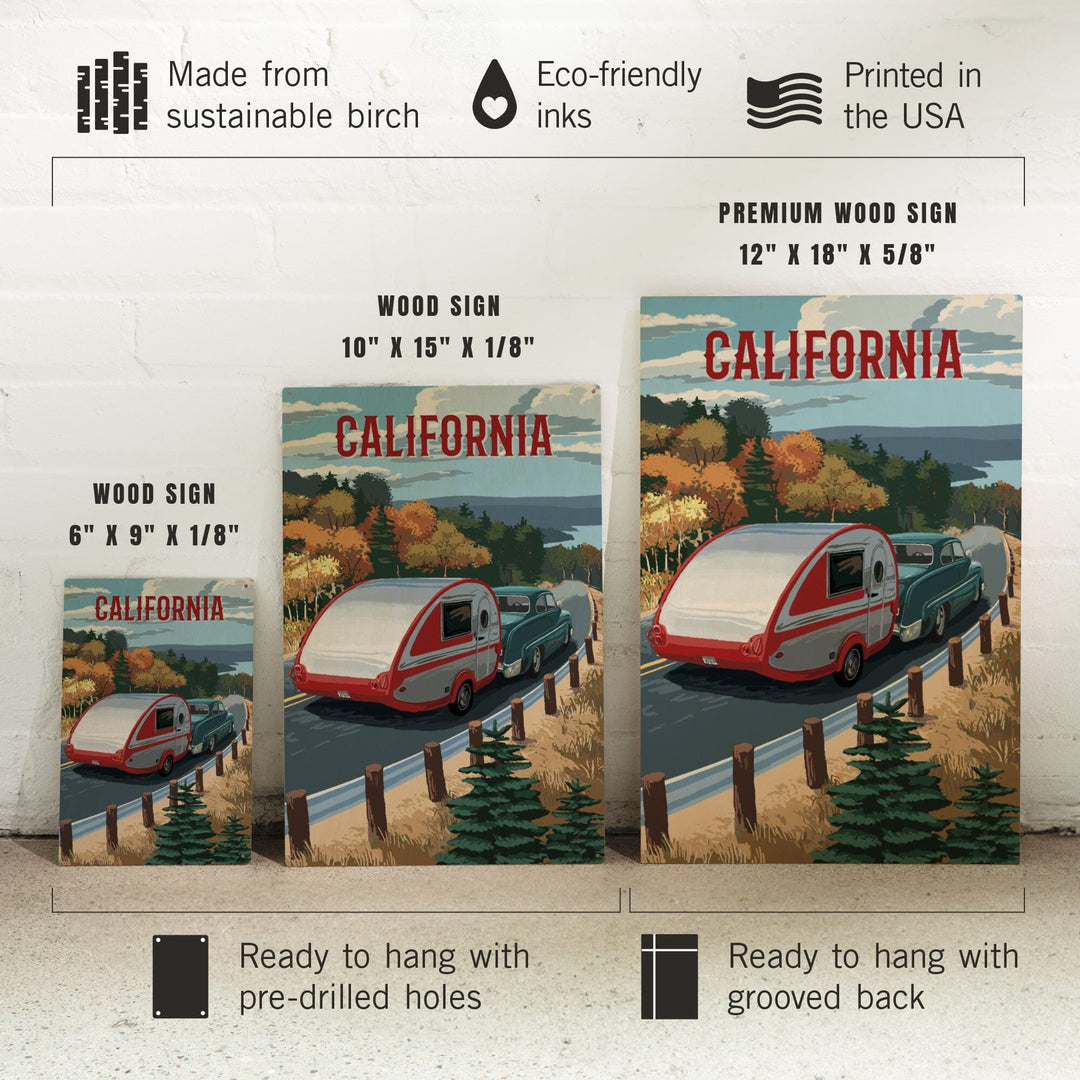 California, Painterly, Retro Camper on Road, Wood Signs and Postcards Wood Lantern Press 