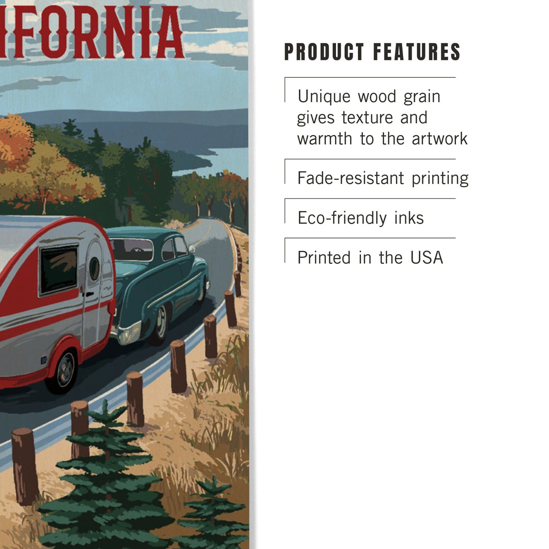 California, Painterly, Retro Camper on Road, Wood Signs and Postcards Wood Lantern Press 