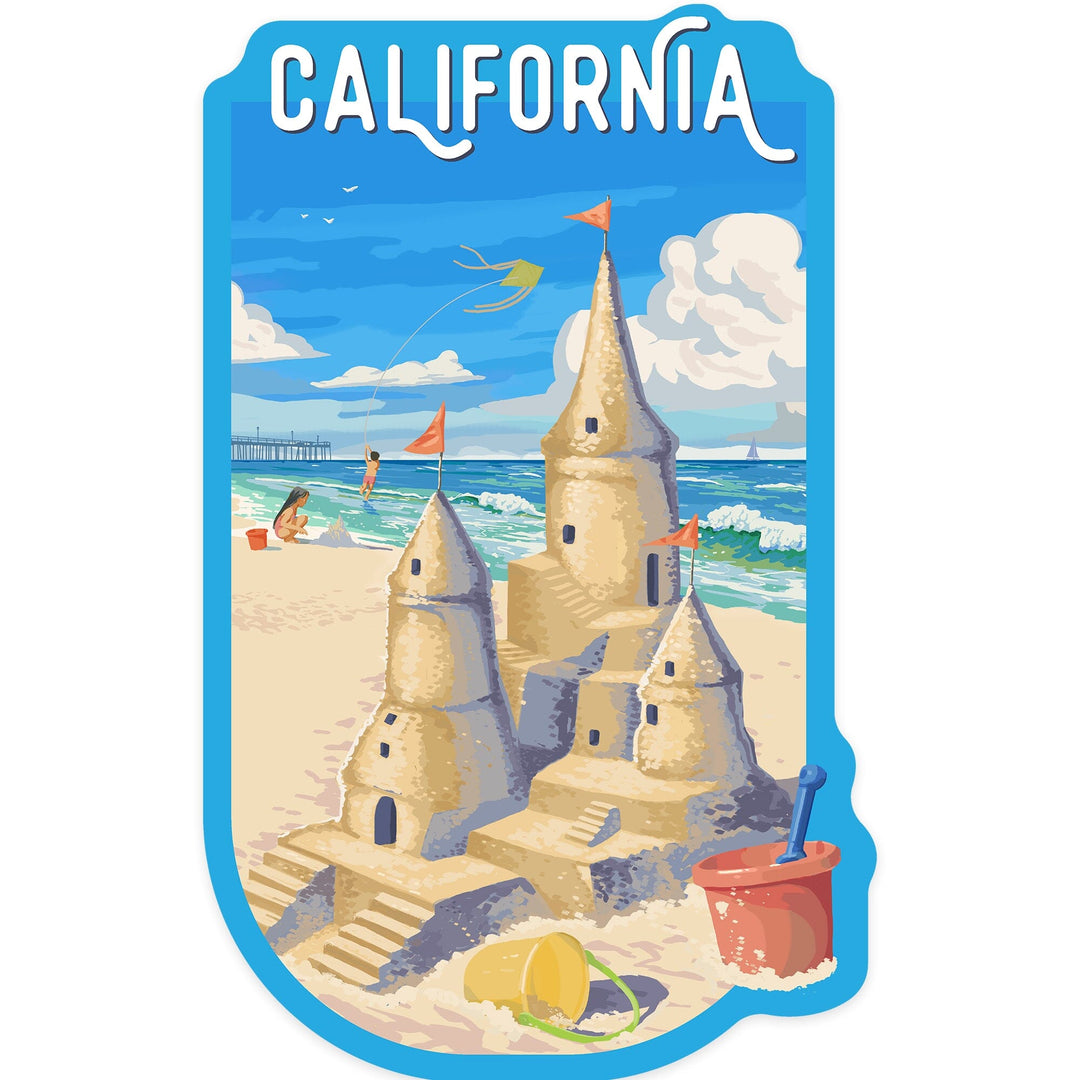 California,, Painterly, Soak Up Summer, Sand Castle, Contour, Vinyl Sticker Sticker Lantern Press 