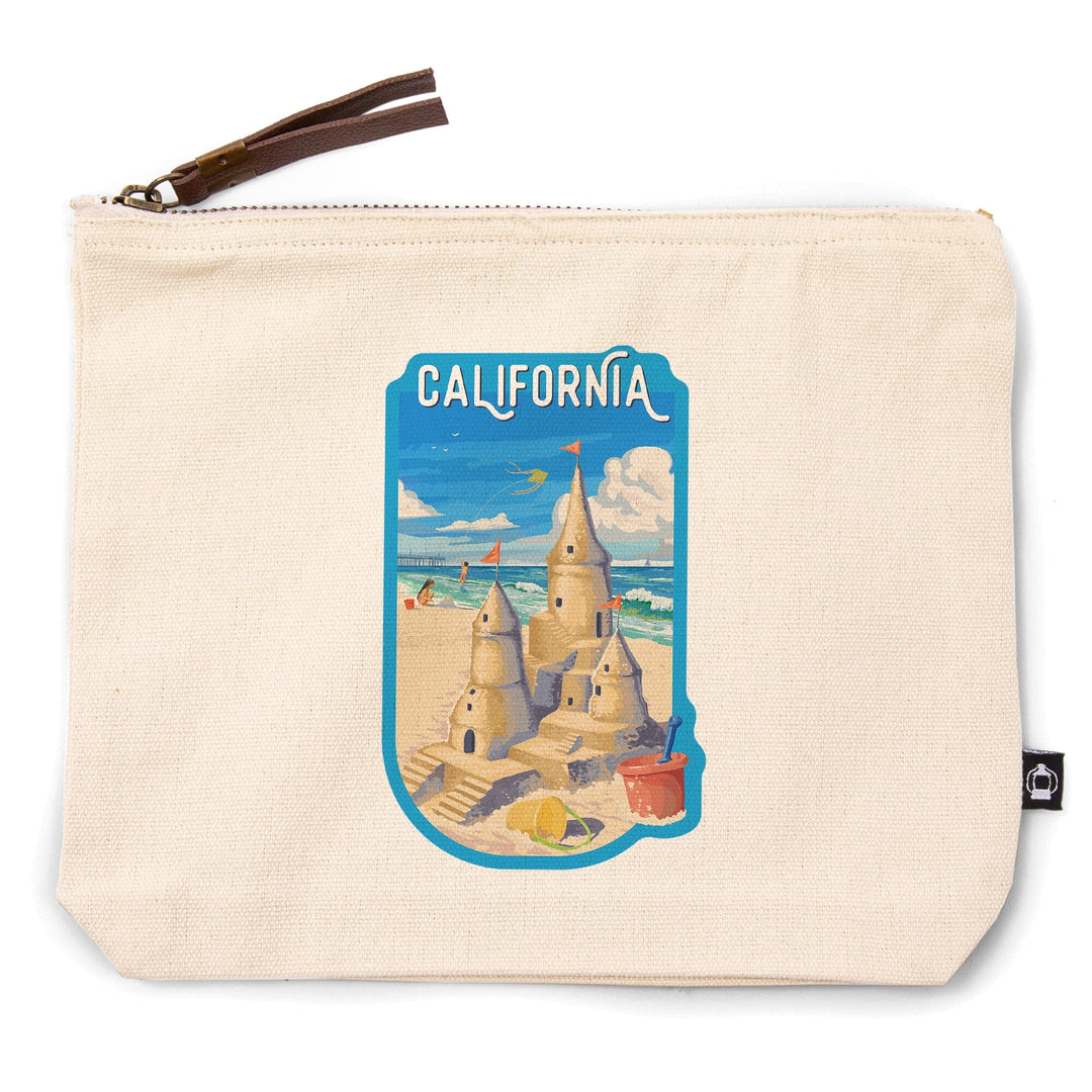 California,, Painterly, Soak Up Summer, Sand Castle,, Organic Cotton Zipper Pouch, Go Bag Totes Lantern Press 