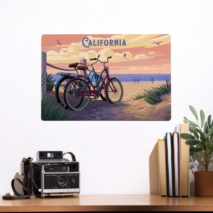 California, Painterly, The Beach Is Calling, Beach Bikes, Metal Signs Metal Lantern Press 