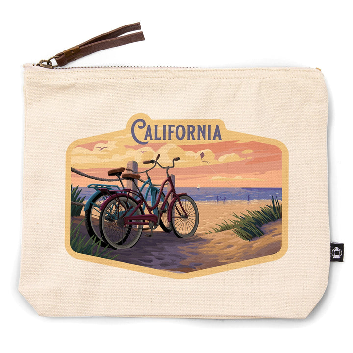 California, Painterly, The Beach Is Calling, Beach Bikes,, Organic Cotton Zipper Pouch, Go Bag Totes Lantern Press 