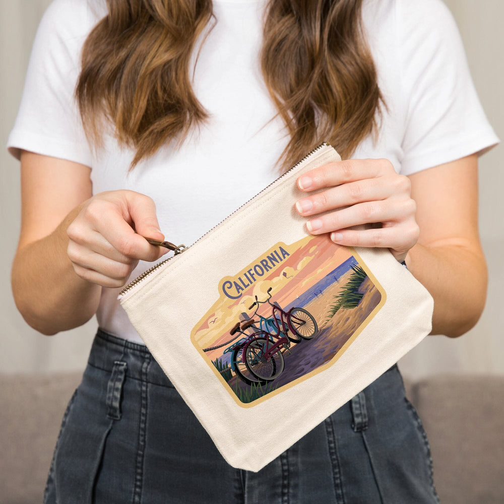 California, Painterly, The Beach Is Calling, Beach Bikes,, Organic Cotton Zipper Pouch, Go Bag Totes Lantern Press 