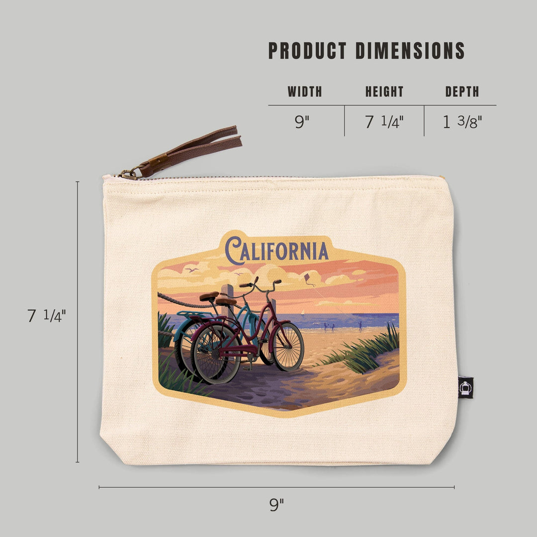 California, Painterly, The Beach Is Calling, Beach Bikes,, Organic Cotton Zipper Pouch, Go Bag Totes Lantern Press 