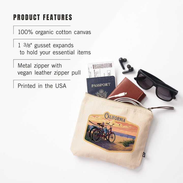 California, Painterly, The Beach Is Calling, Beach Bikes,, Organic Cotton Zipper Pouch, Go Bag Totes Lantern Press 