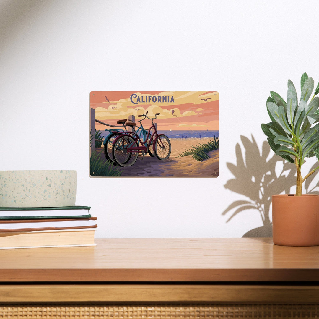 California, Painterly, The Beach Is Calling, Beach Bikes, Wood Signs and Postcards Wood Lantern Press 