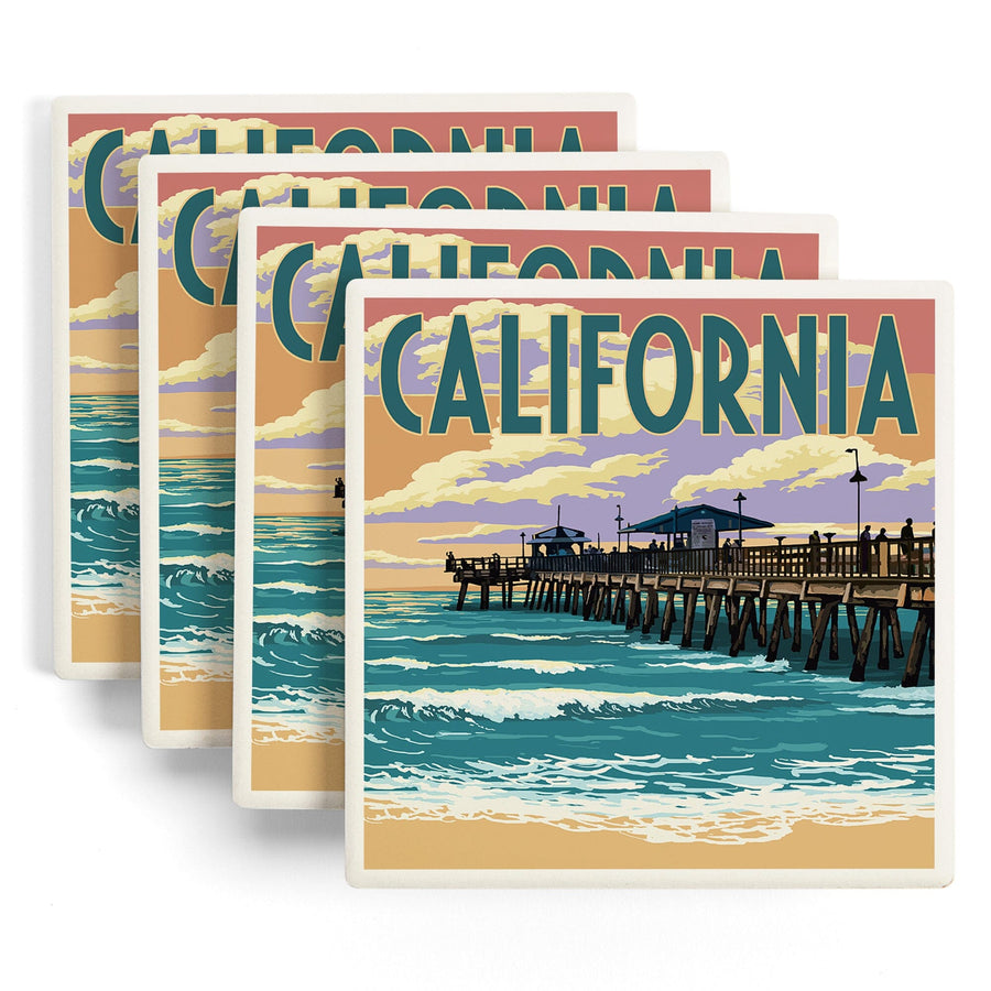 California, Pier Scene, Lantern Press Artwork, Coaster Set - Lantern Press