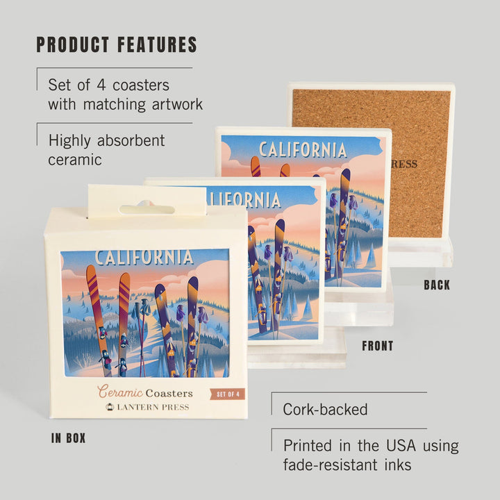 California, Prepare for Takeoff, Skis In Snowbank, Coasters Coasters Lantern Press 