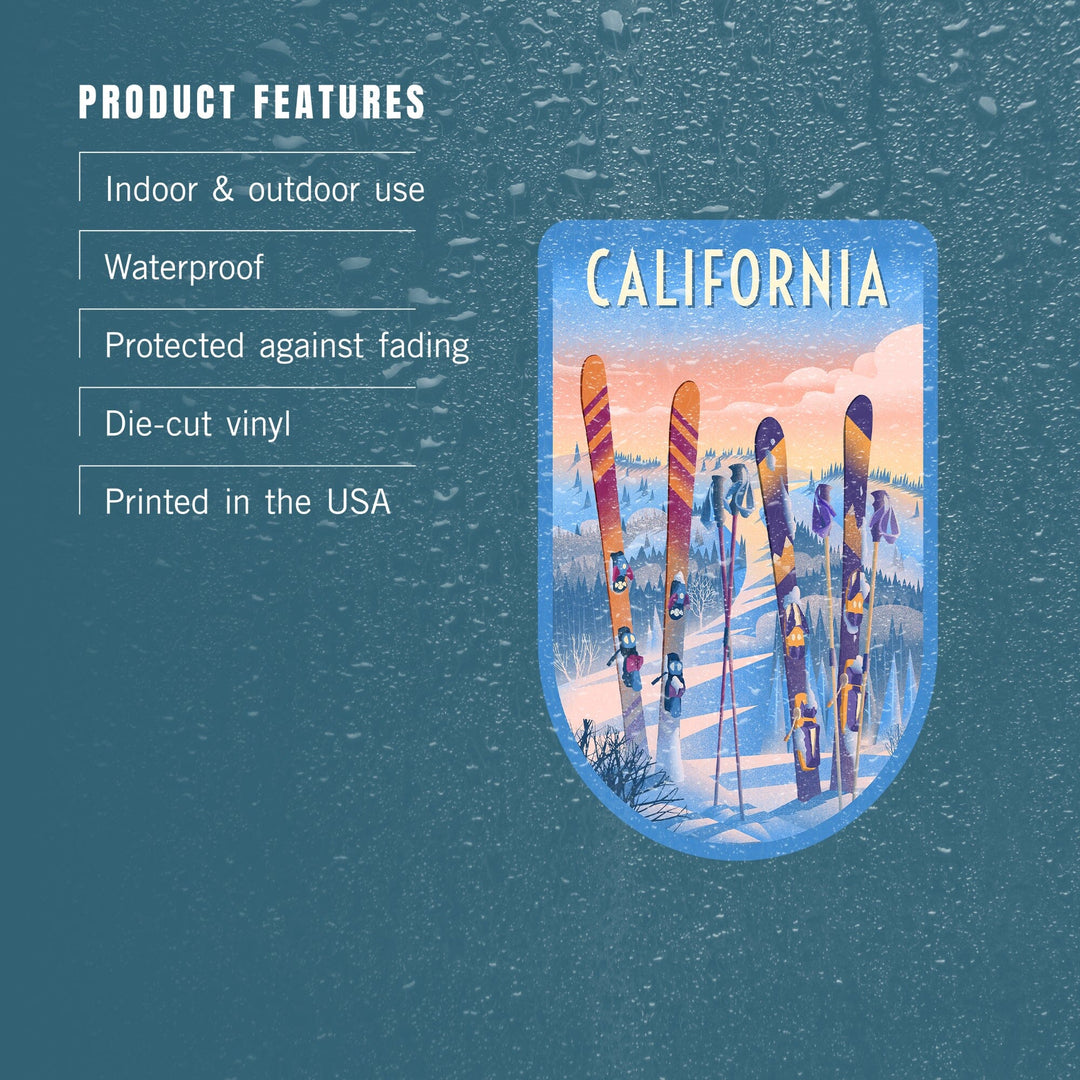 California, Prepare for Takeoff, Skis In Snowbank, Contour, Vinyl Sticker Sticker Lantern Press 