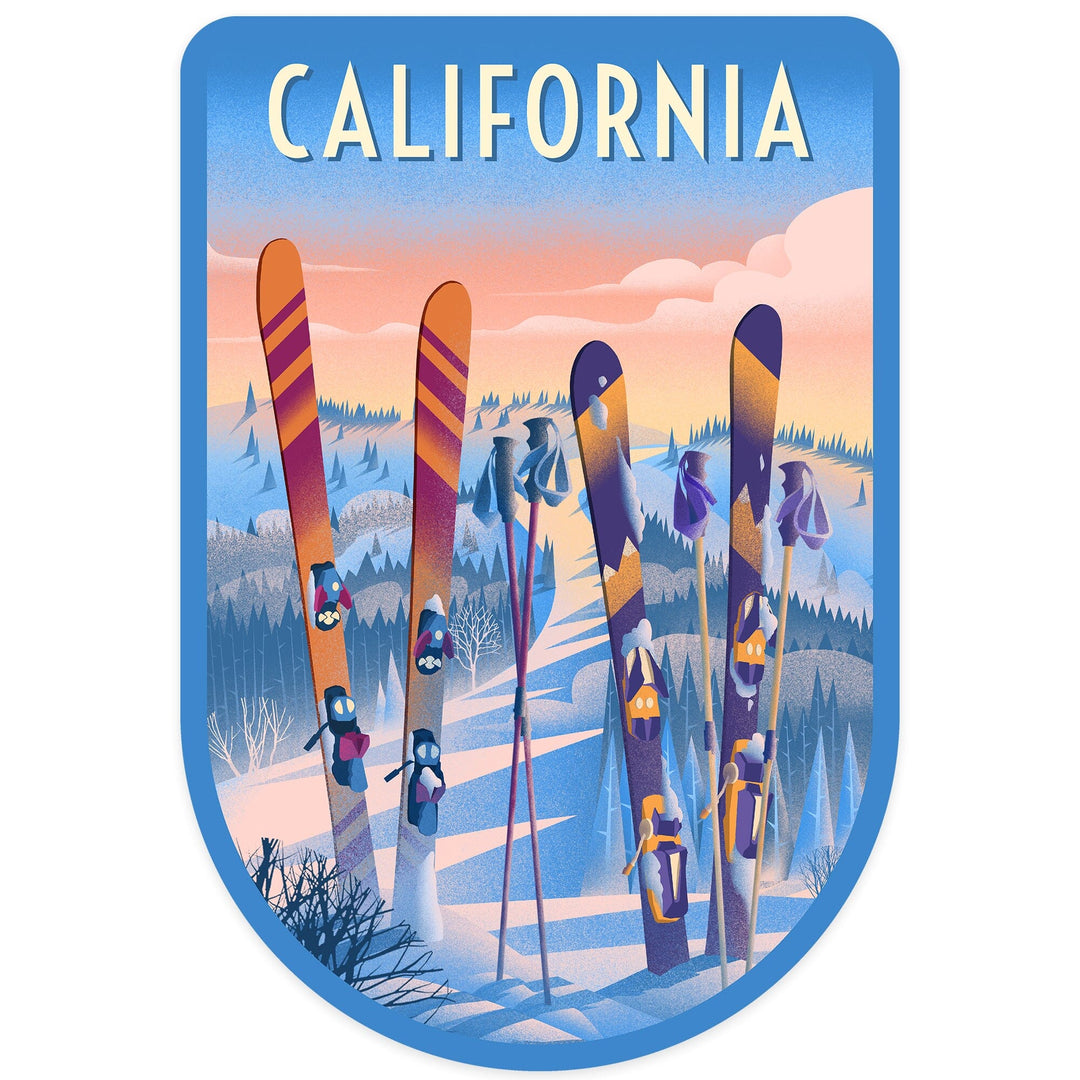 California, Prepare for Takeoff, Skis In Snowbank, Contour, Vinyl Sticker Sticker Lantern Press 