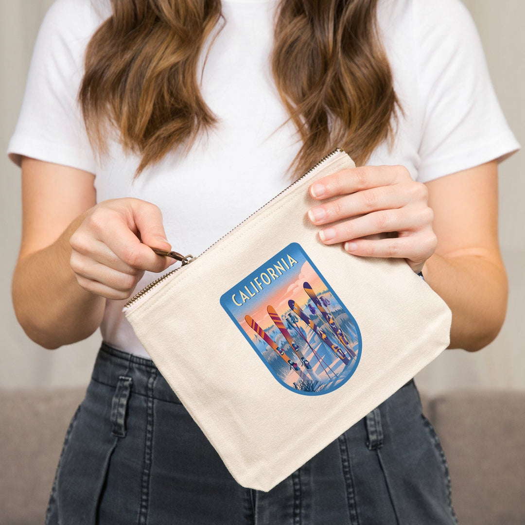 California, Prepare for Takeoff, Skis In Snowbank,, Organic Cotton Zipper Pouch, Go Bag Totes Lantern Press 