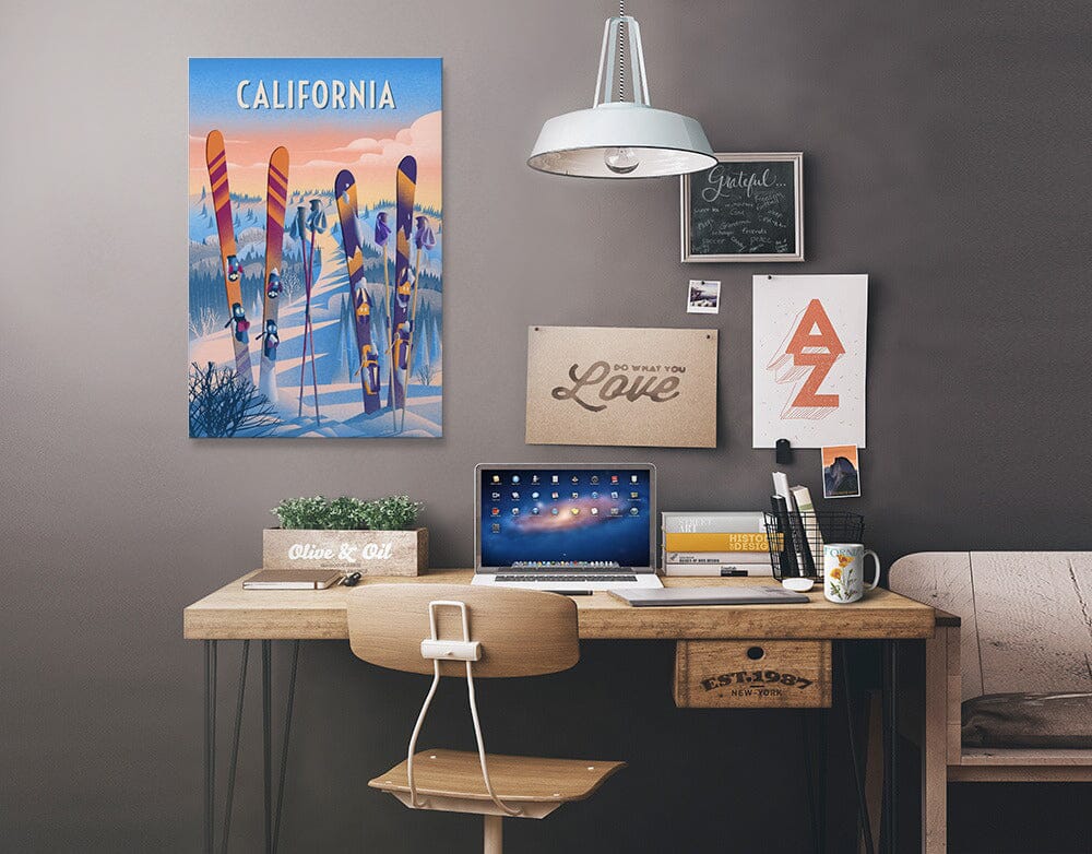 California, Prepare for Takeoff, Skis In Snowbank, Stretched Canvas Canvas Lantern Press 