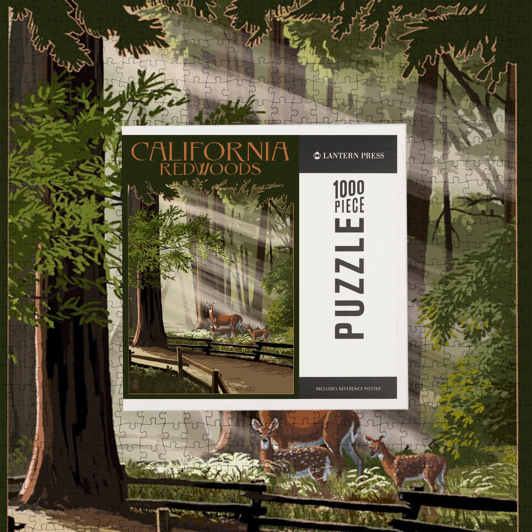California, Redwoods and Deer, Jigsaw Puzzle Puzzle Lantern Press 