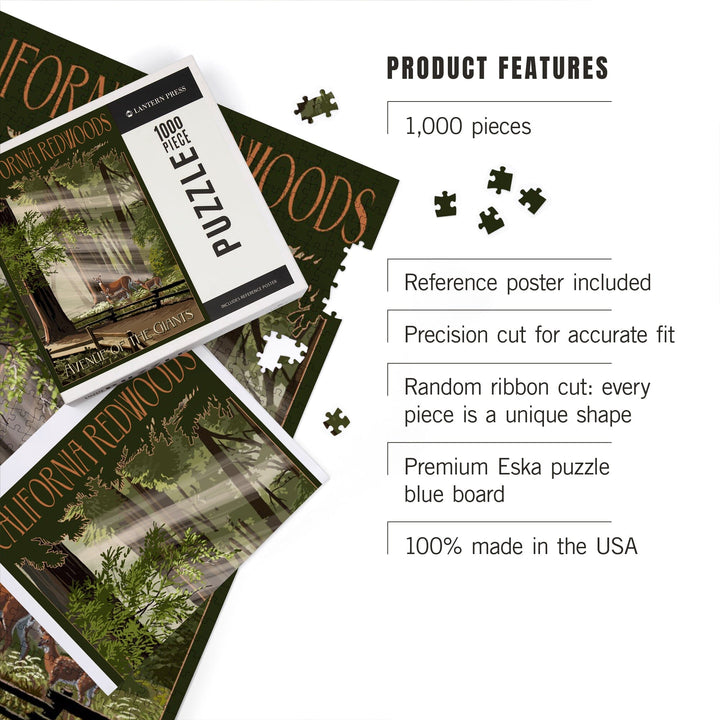 California Redwoods, Avenue of the Giants, Deer and Fawns, Jigsaw Puzzle Puzzle Lantern Press 