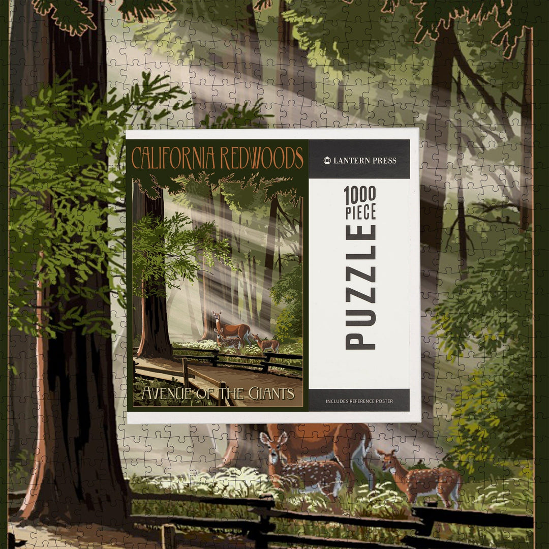 California Redwoods, Avenue of the Giants, Deer and Fawns, Jigsaw Puzzle Puzzle Lantern Press 