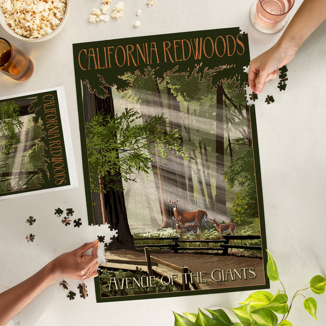 California Redwoods, Avenue of the Giants, Deer and Fawns, Jigsaw Puzzle Puzzle Lantern Press 