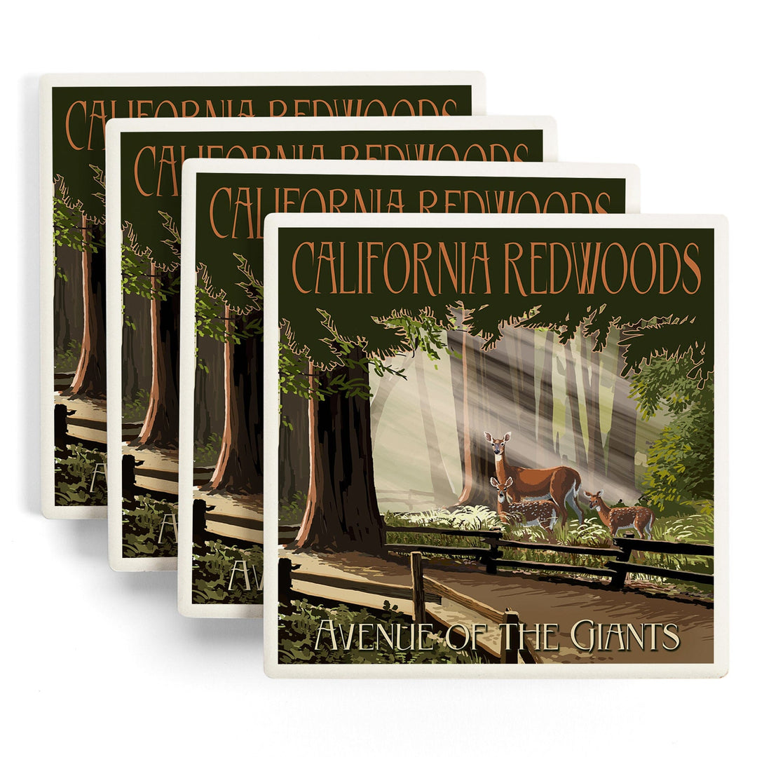 California Redwoods, Avenue of the Giants, Deer & Fawns, Lantern Press Artwork, Coaster Set - Lantern Press